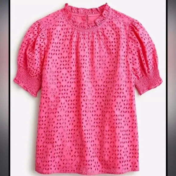J.CREW Hot Pink Eyelet Smocked Short Sleeve Blouse Size xxs Ruffle 100% Cotton - Picture 6 of 6